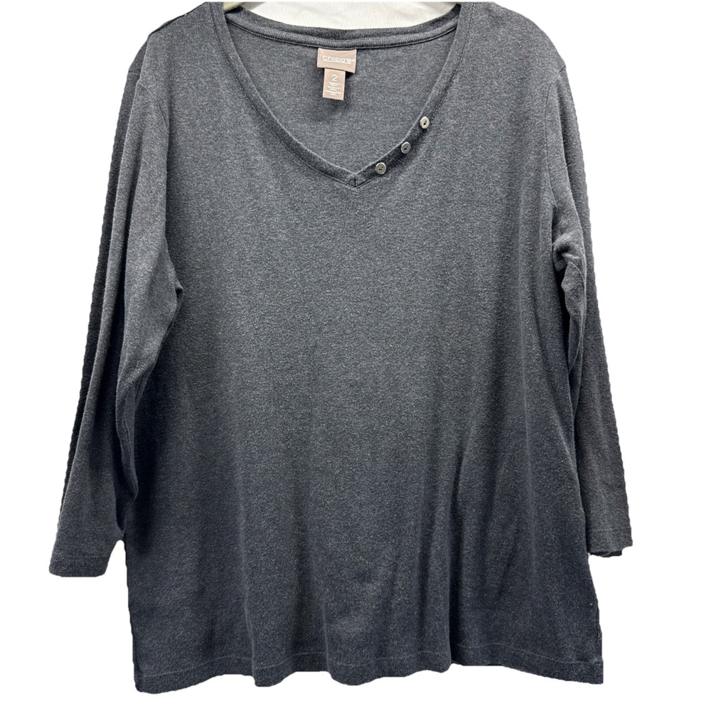 Chicos Womens Top Size Large Solid Gray Pullover 100% Cotton 3/4 Sleeves Buttons